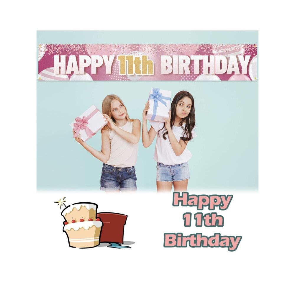 9.8 X 1.6 Ft Large Sign Happy 11th Birthday Banner Pink For Kids Birthday - Picture 7 of 7